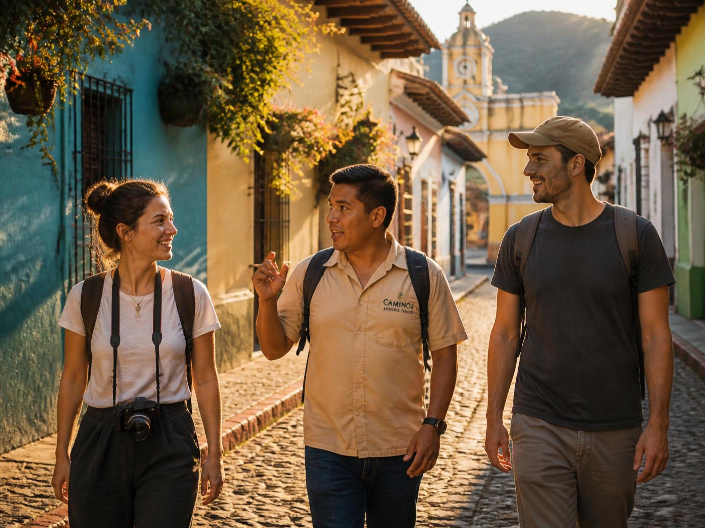 Un guía local recorriendo una calle colonial con dos viajeros
